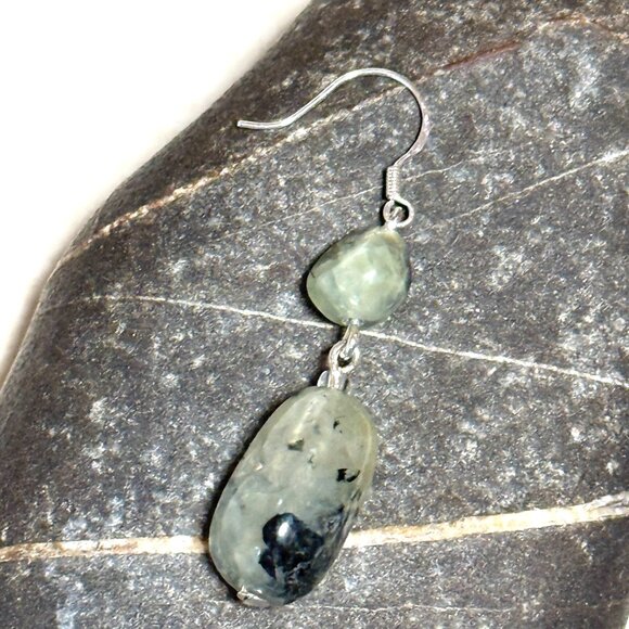 2/$20, Genuine Dark Green Tumbled Prehnite Sterling Silver Hook Dangle Earrings - Picture 7 of 11
